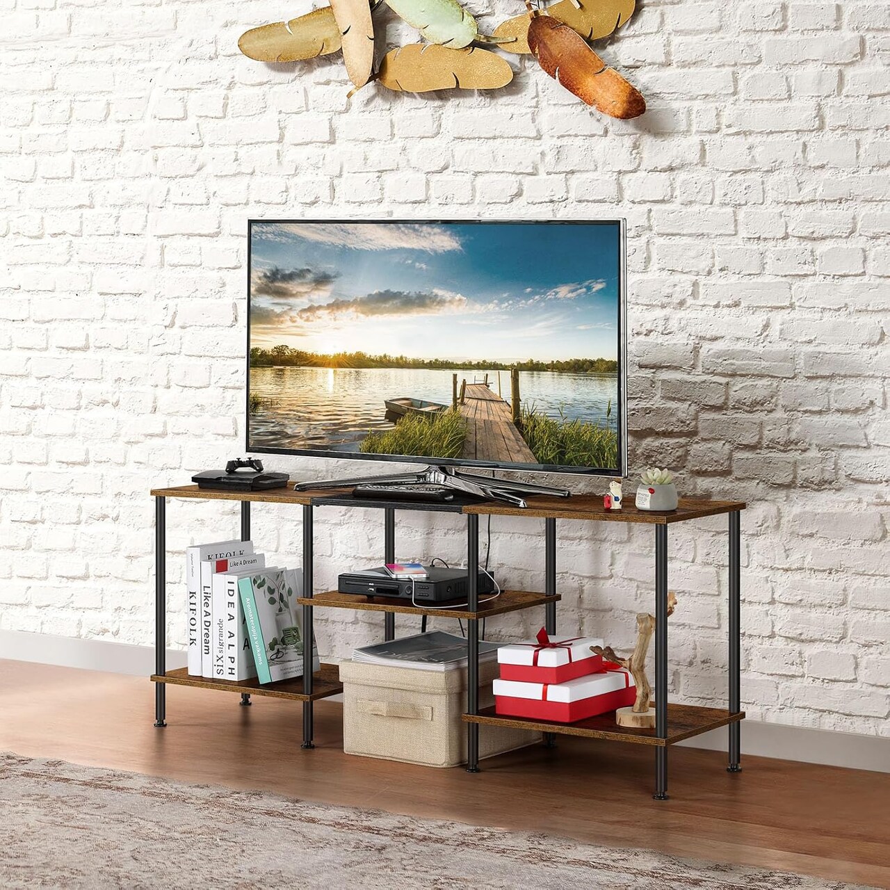 Rustic Brown Farmhouse TV Stand with Charging Station - 45" Media Console for TVs up to 50 Inches, Power Outlets, USB Ports & Storage Shelves, Multi-Functional Furniture for Living Room/Bedroom